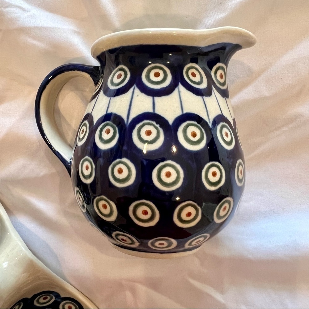 Boleslawiec Pottery Nature Peacock Cobalt Blue Creamer condiment dish Poland set - Picture 3 of 11